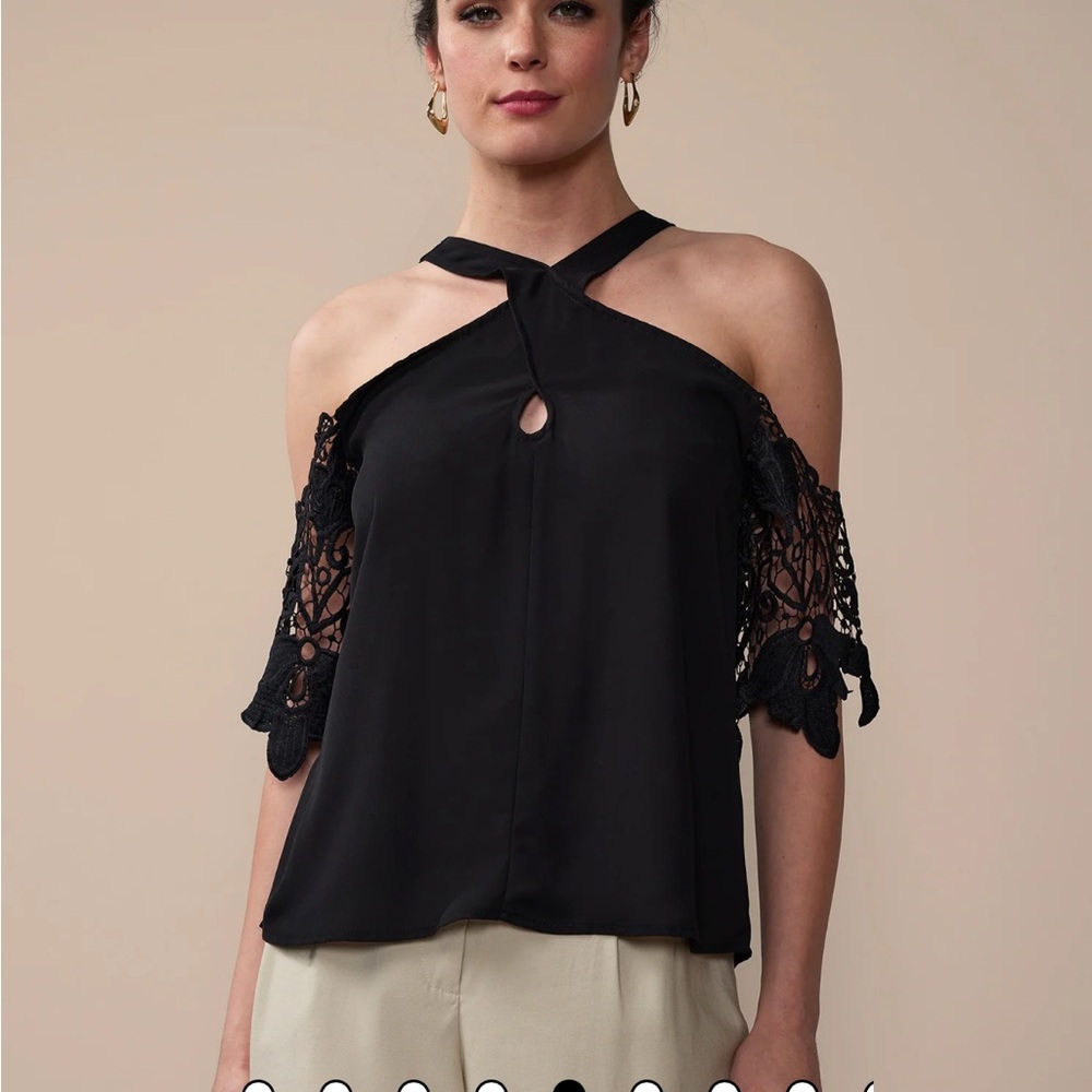 New York & Company Black Cold Shoulder Lace Blouse